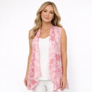 Susan Graver 2 Pieces Pink Floral Damask Chiffon Draped Vest White Tank Size M